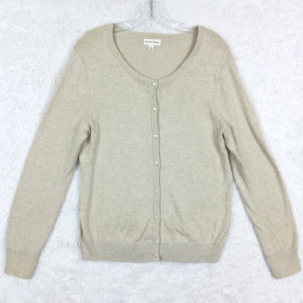 Studio Works Womens Cardigan Sweater Beige Button Front Crew Neckline Knit L